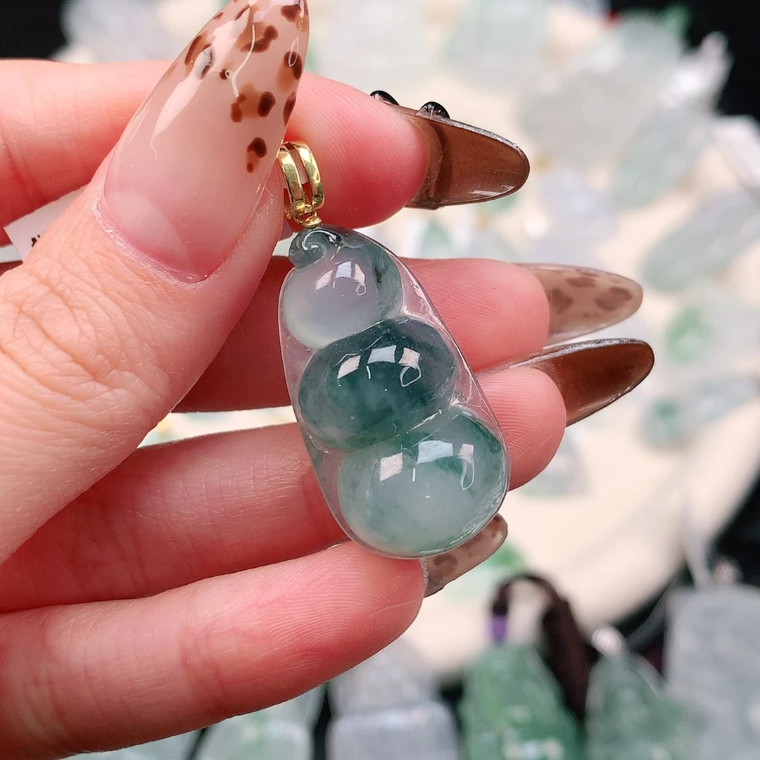 翡翠颈饰18K金镶嵌蓝花豆38、30.3、16.5、8.8