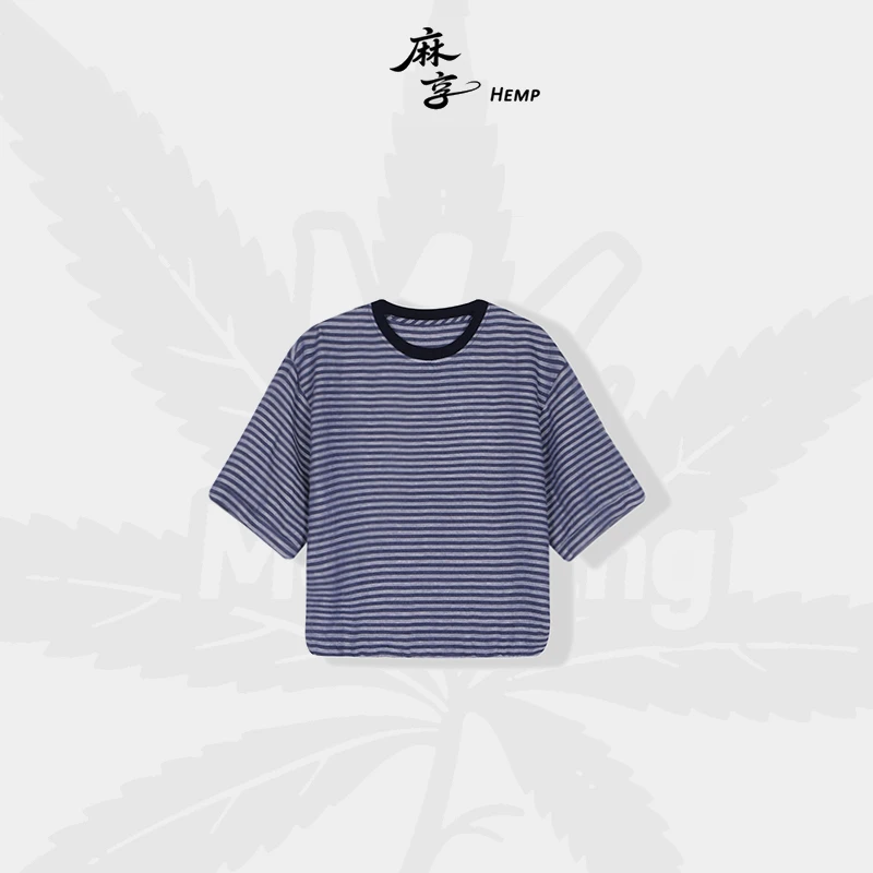 极简撞色条纹短袖T恤亚麻圆领套头上衣宽松复古横条纹FSY50633