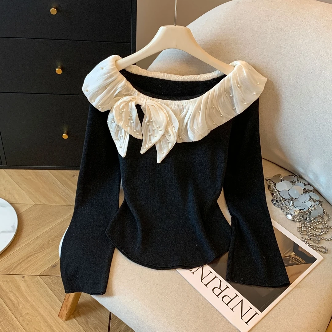 纯欲一字领秋冬季新款设计感钉珠花边拼接长袖针织衫气质女装上衣