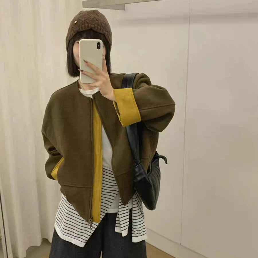 2025秋冬新款时尚百搭显瘦圆领拉链拼色羊毛呢短外套女上衣