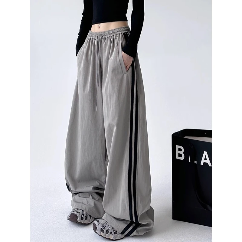 侧边阔腿裤女春秋新款2025美式拼接运动春秋潮牌宽松休闲工装长裤
