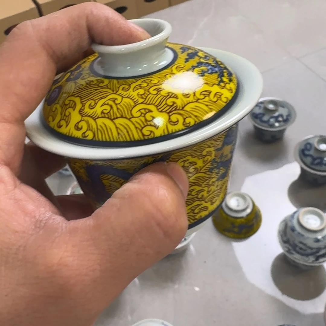 摆件黄海水龙两才盖碗