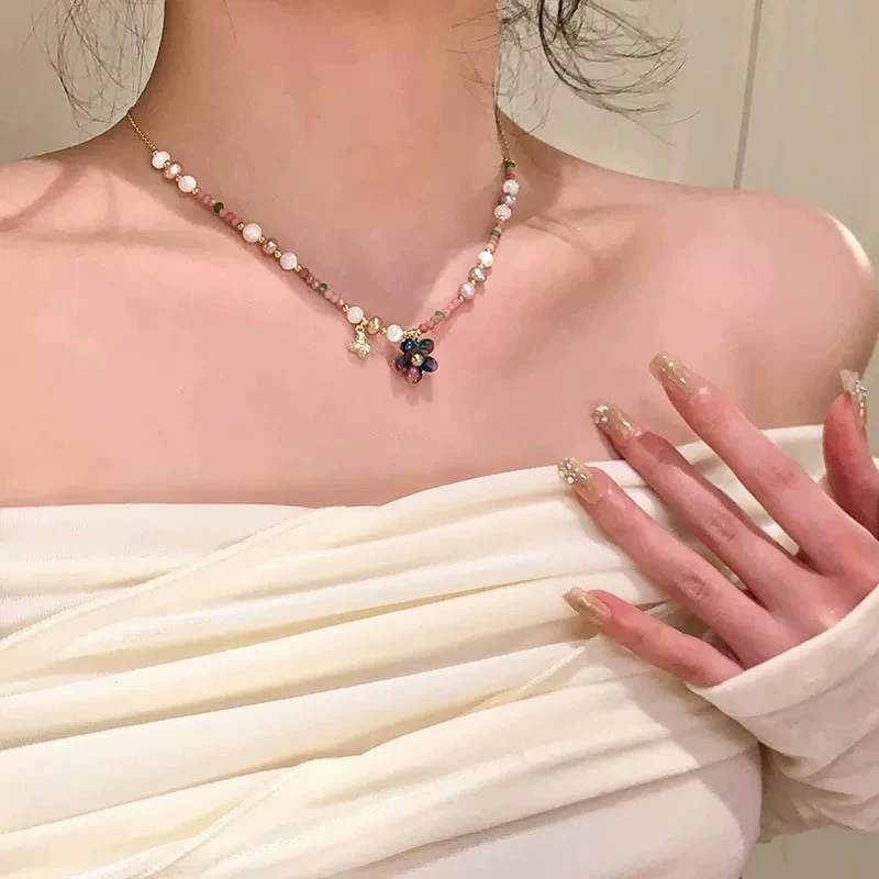 铜合金树脂项链 仿珍珠串珠树脂花朵吊坠项链春夏小清新锁骨链女