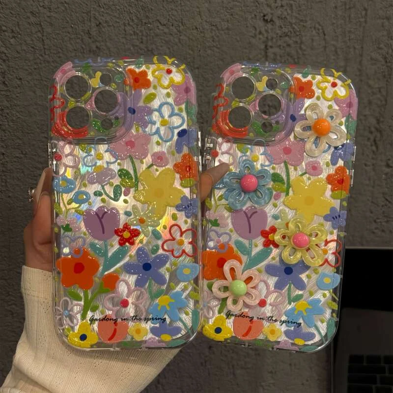 适用苹果16羽纱奶油手机壳iPhone15彩色涂鸦春日花朵华为新款小米