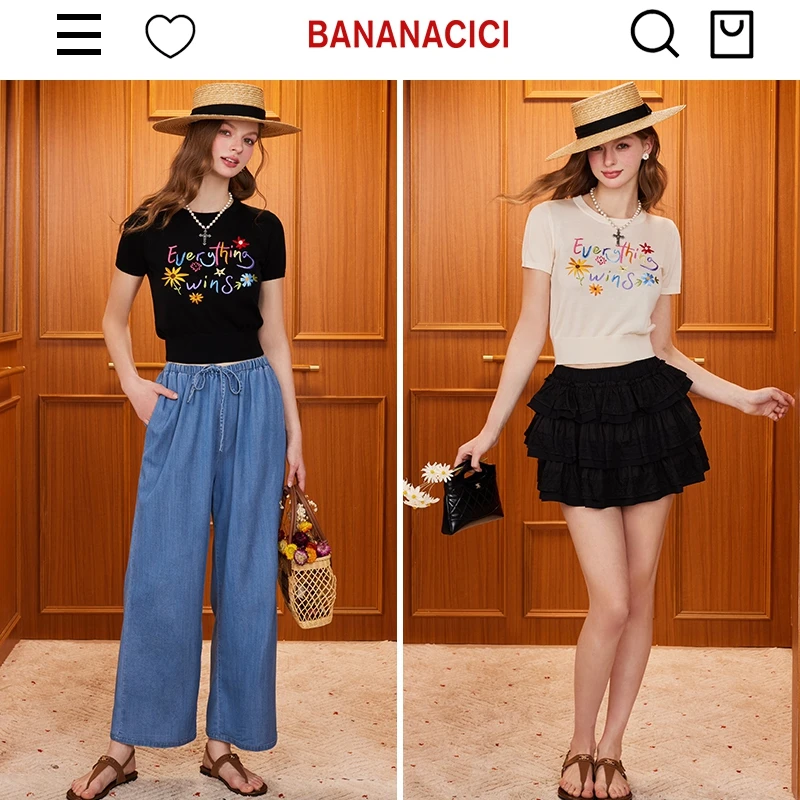 BANANA CICI2025年夏季新款原创胜利花刺绣100%莱赛尔针织衫T恤