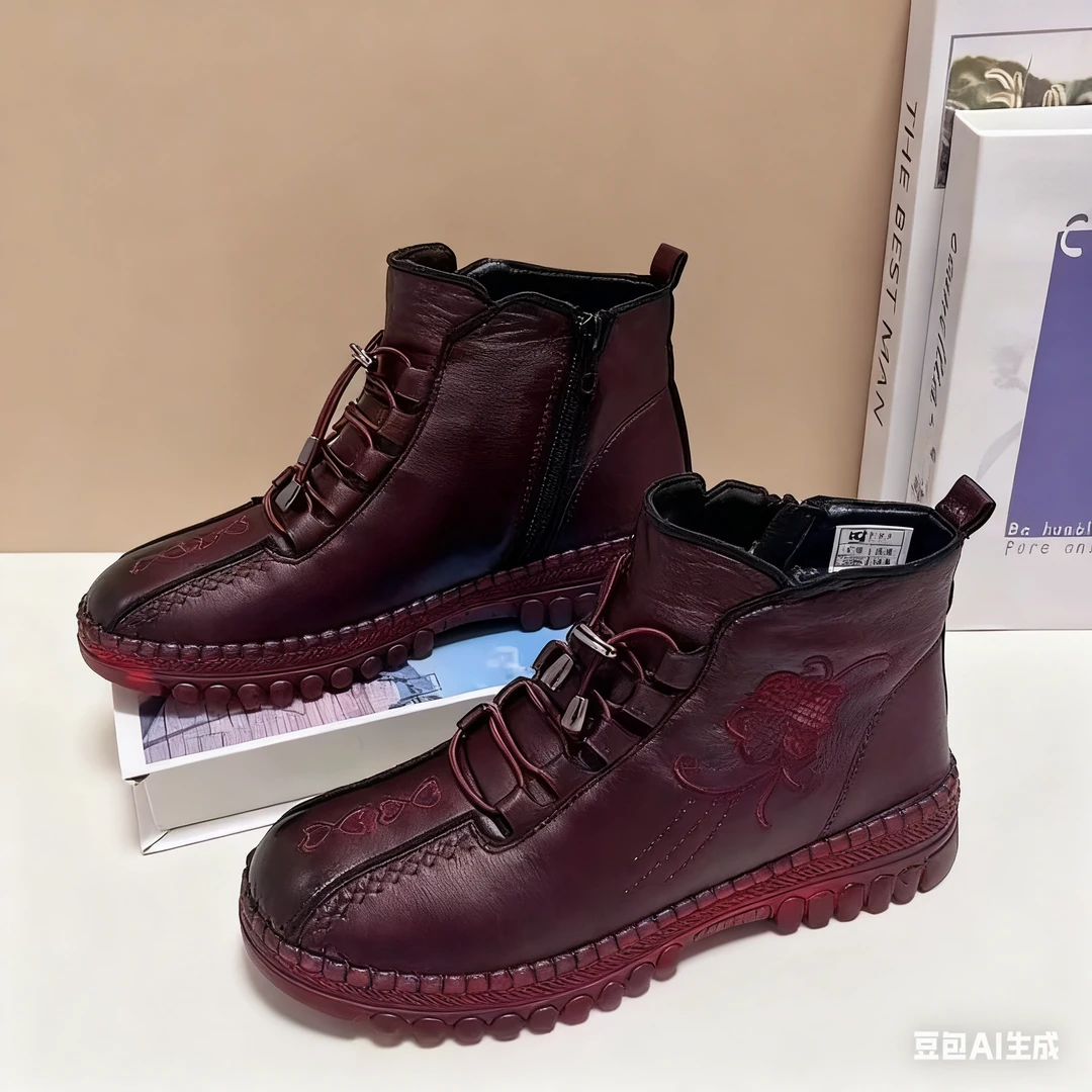 老北京布鞋冬季加绒保暖女棉鞋休闲防滑中老年妈妈奶奶棉靴侧拉链