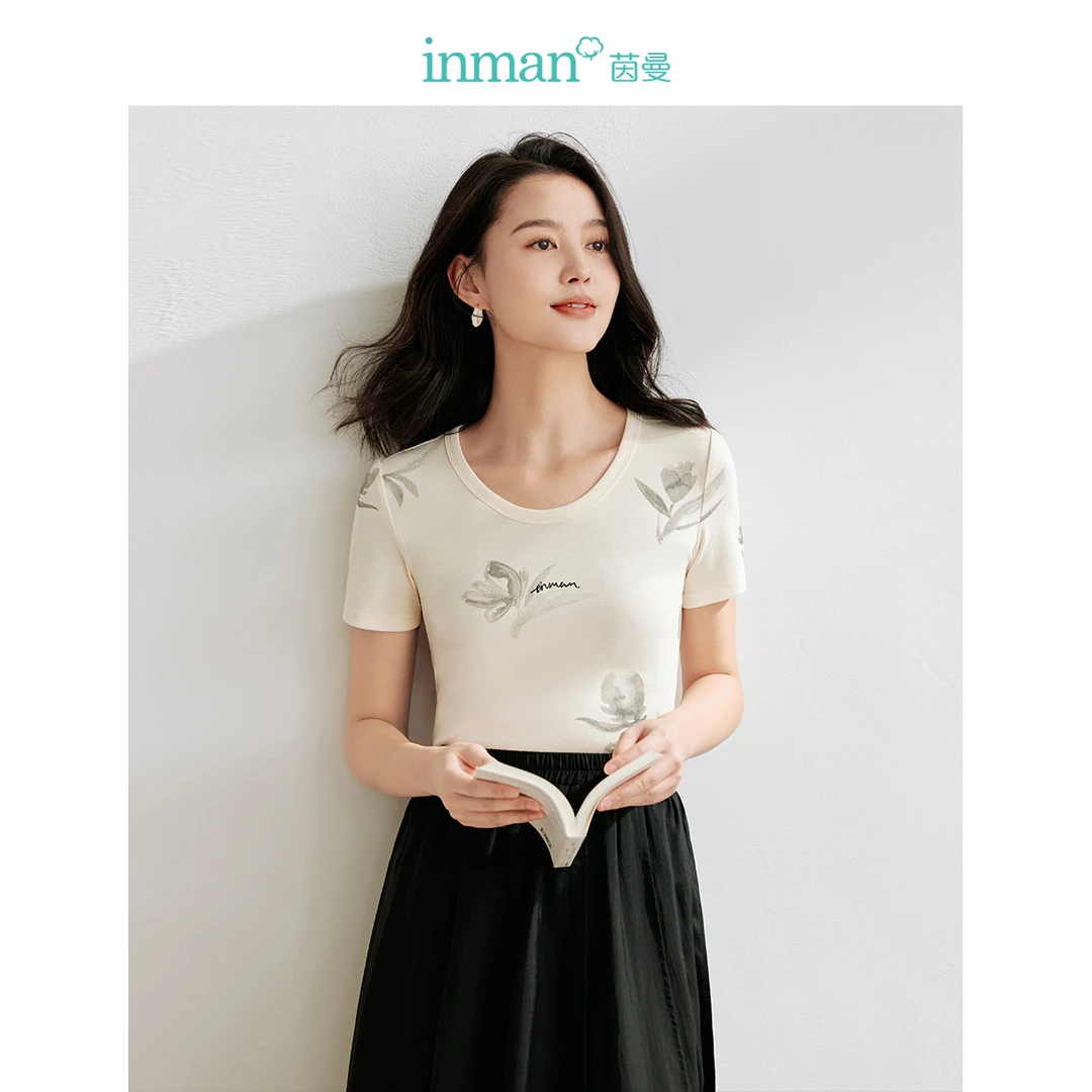 【商场同款】茵曼夏季女T恤上衣短袖新款衣服休闲修身印花时尚精致U