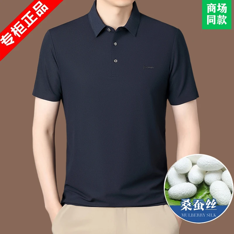 高级感男装短袖男t恤2025夏季新款意大利轻奢中年半袖桑蚕丝上衣