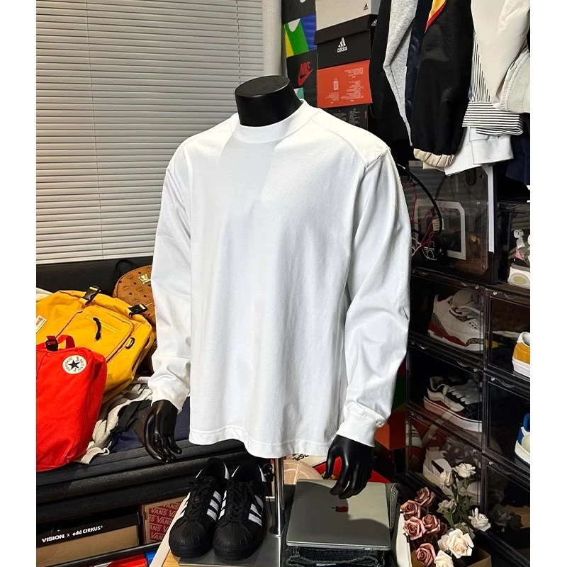 索罗娜270克白色长袖T恤男春秋重磅小领口打底衫美式cleanfit卫衣