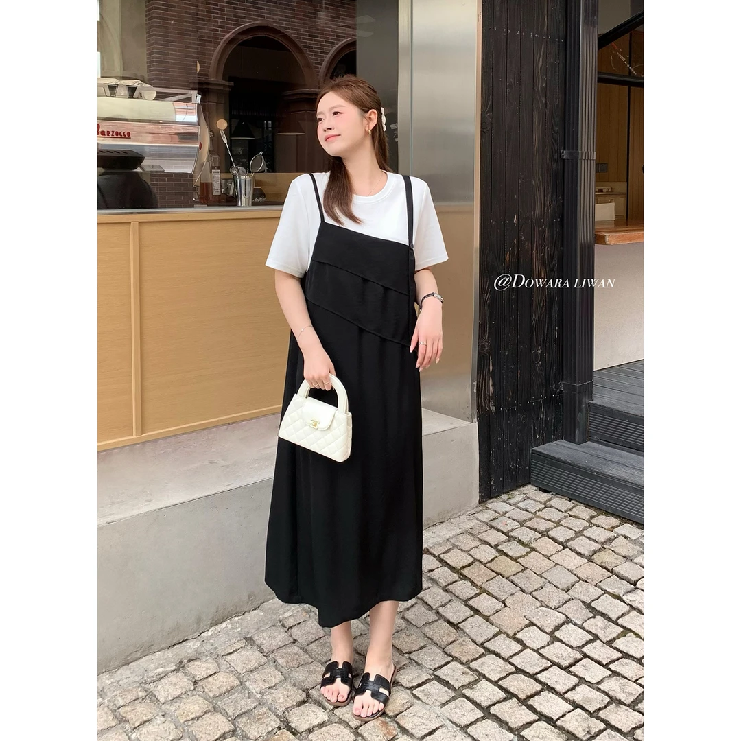 现货大婉酱微胖定制韩系连衣裙女春季T恤拼接假两件气质裙子7918D