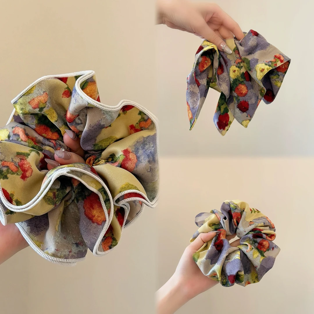 油画风精致玫瑰印花大肠发圈高级感3904+3901+3899