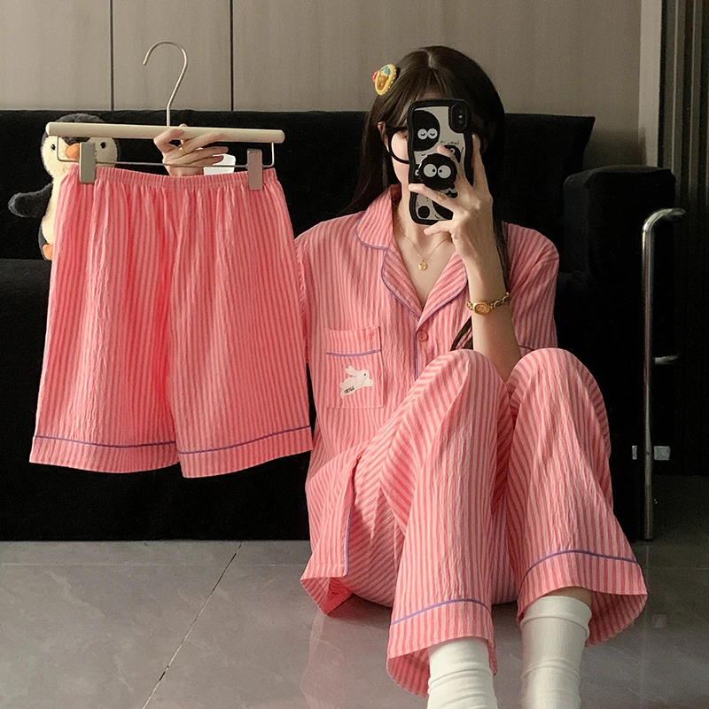 2025夏季新款睡衣女学生宽松大码短袖短裤甜美少女家居服三件套装