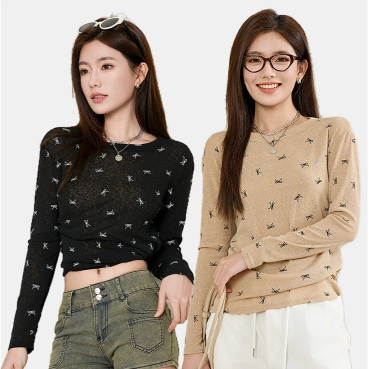 蝴蝶结印花微透长袖T恤女2025夏季简约薄款防晒罩衫宽松圆领上衣