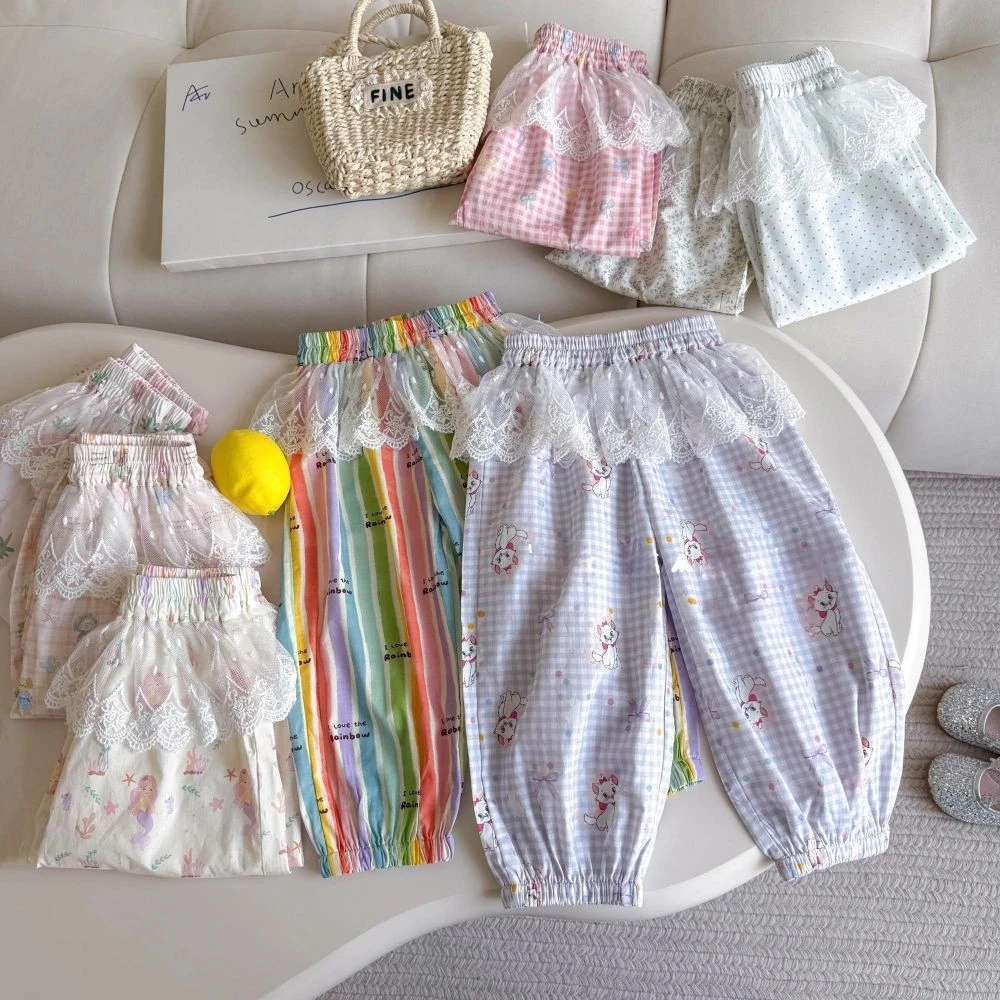 女童夏季裤子儿童宽松轻薄透气蕾丝花边防蚊裤女宝宝薄款休闲裤子