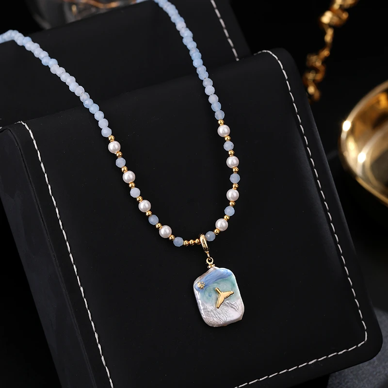 铜合金项链 《货号7583》鲸鱼海岸油画串珠项链（链长：39+7cm）