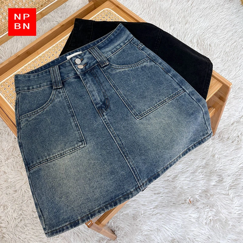 2025大码女装夏装胖妹妹半身裙简约高腰双排扣夏季A字短裙牛仔裙