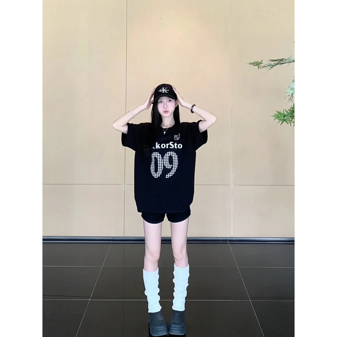 SUMBUR夏季新款穿搭美式复古百搭宽松印花数字短袖上衣短袖女t恤