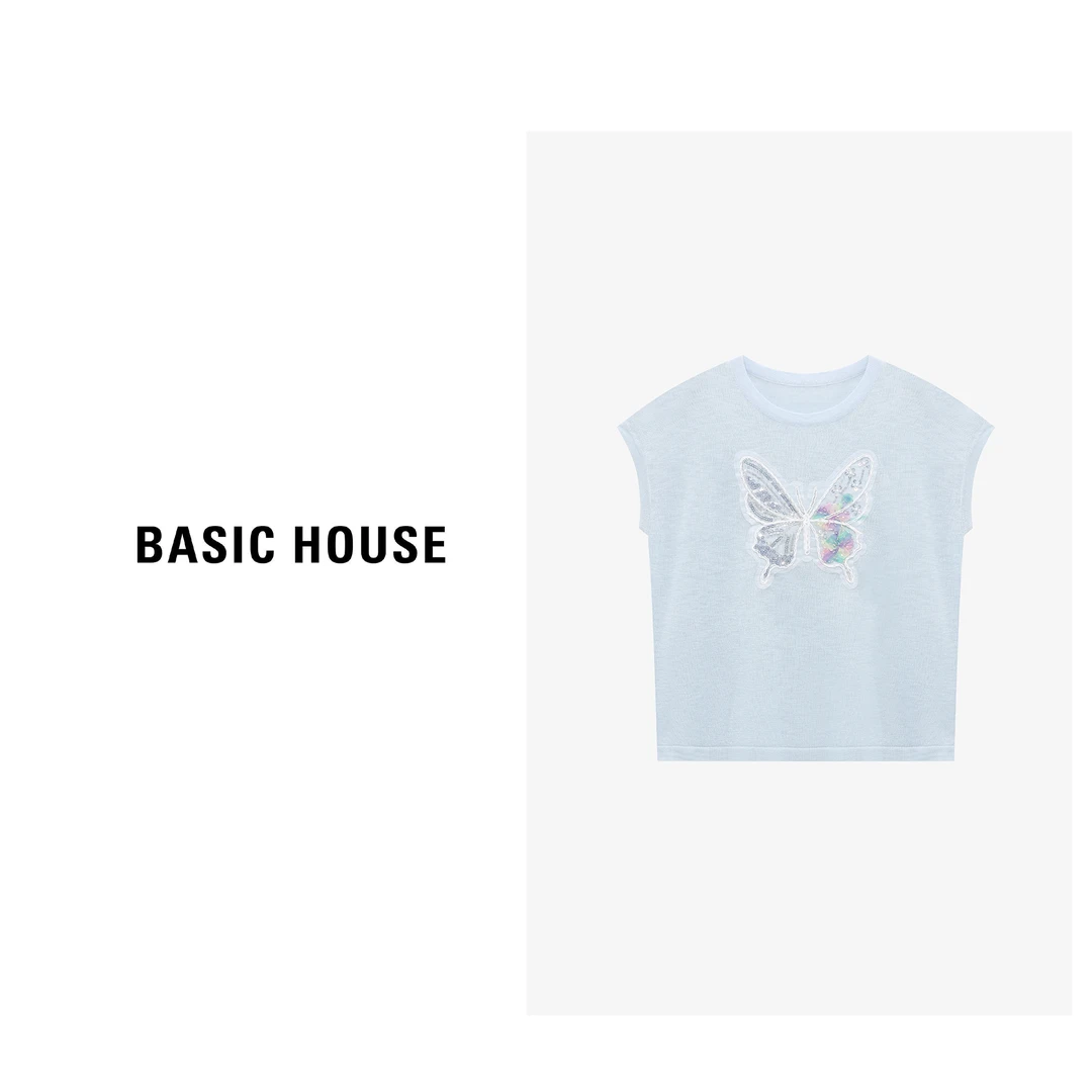 Basic House/百家好夏季凉感卡通蝴蝶休闲短袖针织衫-B0625B5D192