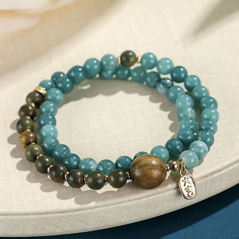 2025 新款爆款新中式蓝金丝檀木串珠男女双圈 手链民族风大吉大利