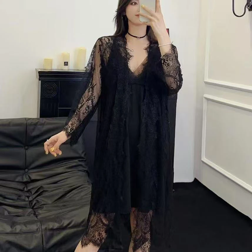 时尚大码浪漫蕾丝外披吊带睡裙舒适两件套