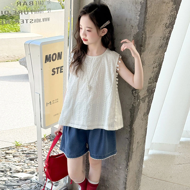 [专柜品质]女童夏季套装休闲无袖娃娃衫牛仔短裤套装洋气儿童夏装