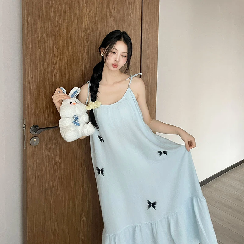 【立体蝴蝶】带胸垫韩版睡裙中长款宽松纯欲夏季薄款家居服度假外穿