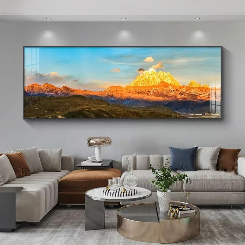 背靠金山客厅沙发背景墙挂画横款仿手绘现代轻奢手工晶瓷客厅挂画