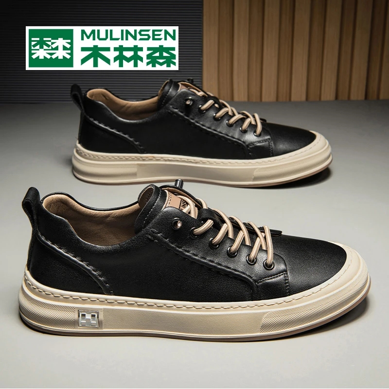 木林森男士休闲鞋2024夏季新款透气软皮黑色运动板鞋秋季上班潮鞋