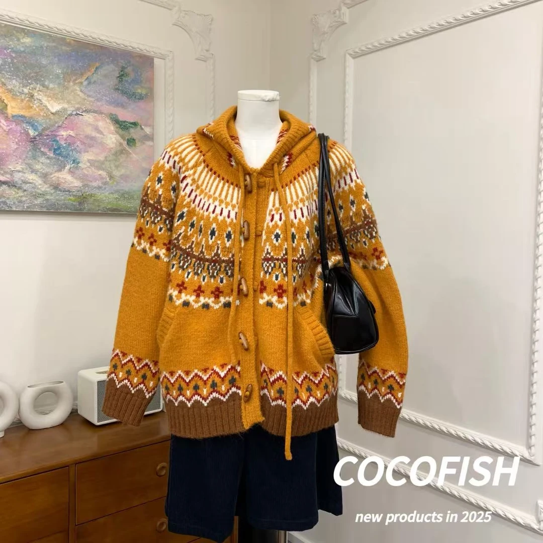 费尔岛连帽宽松百搭牛角扣针织开衫毛衣#7009