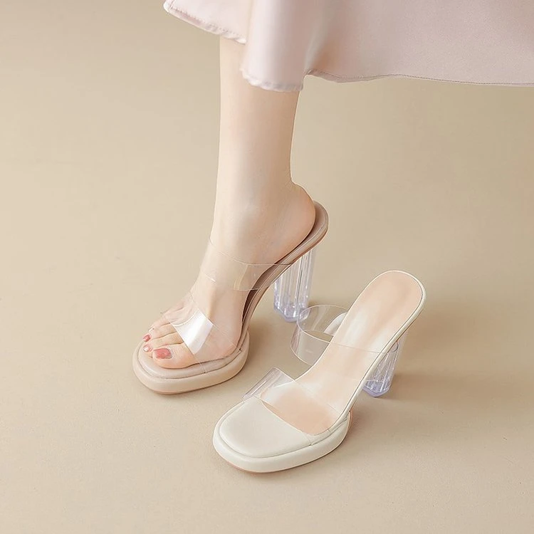 法式高跟拖鞋女夏外穿时尚防水台粗跟一字拖小个子透明女士凉拖鞋