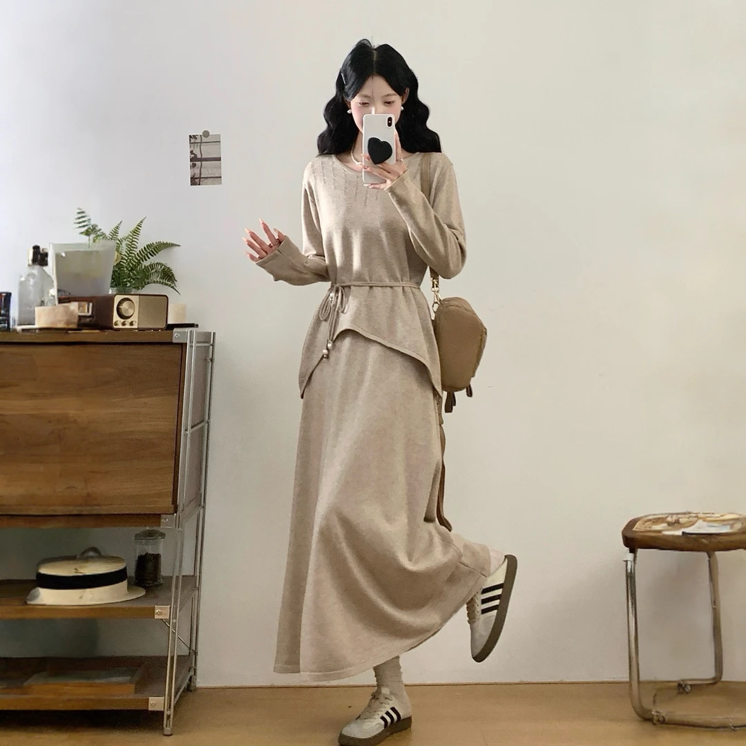 时尚大码女装2025秋季新款毛衣两件套宽松显瘦针织衫+半身裙套装