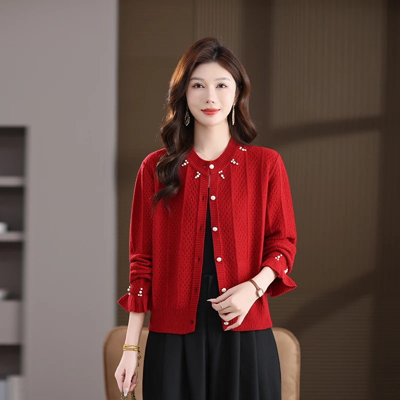 春秋女气质中年妈妈装高档复古短款纯绵羊毛针织衫打底羊毛衫开衫