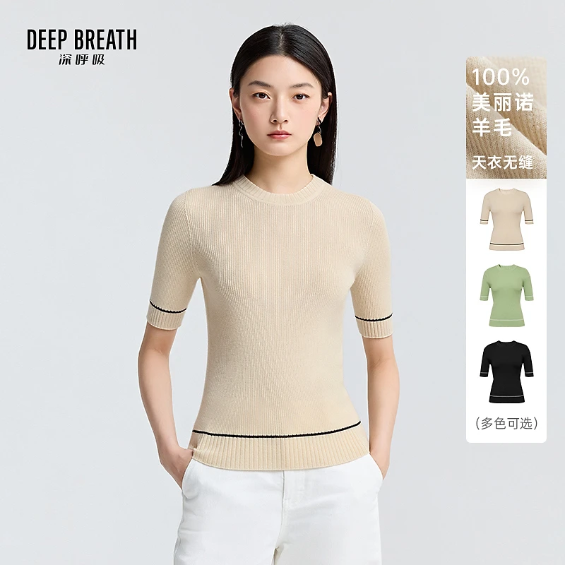 DEEP BREATH深呼吸女装夏季新款圆领撞色坑条短袖针织上衣A301851
