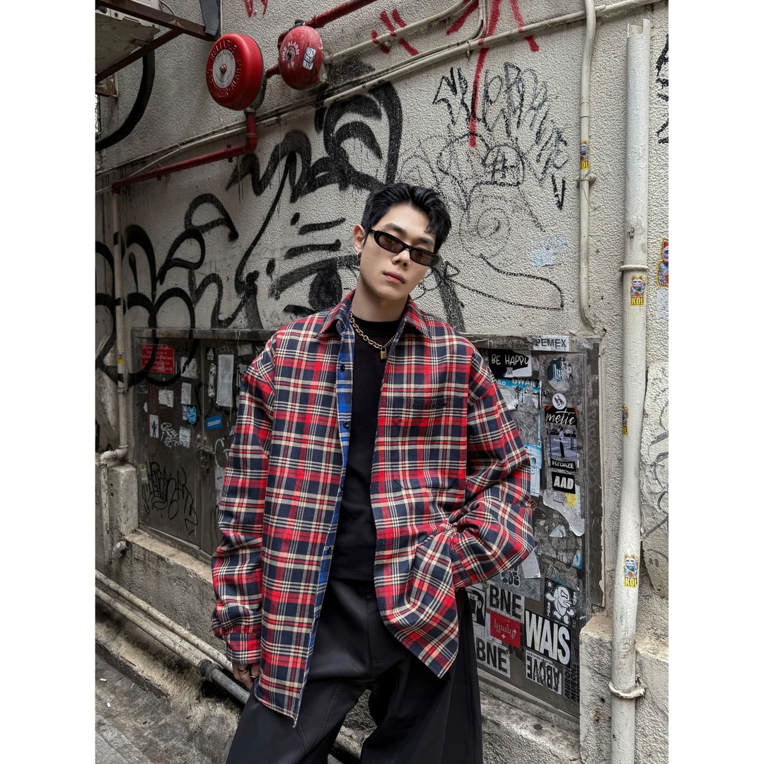 DBW Doublewin复古设计感双面穿格子衬衫外套男街头宽松长袖衬衣