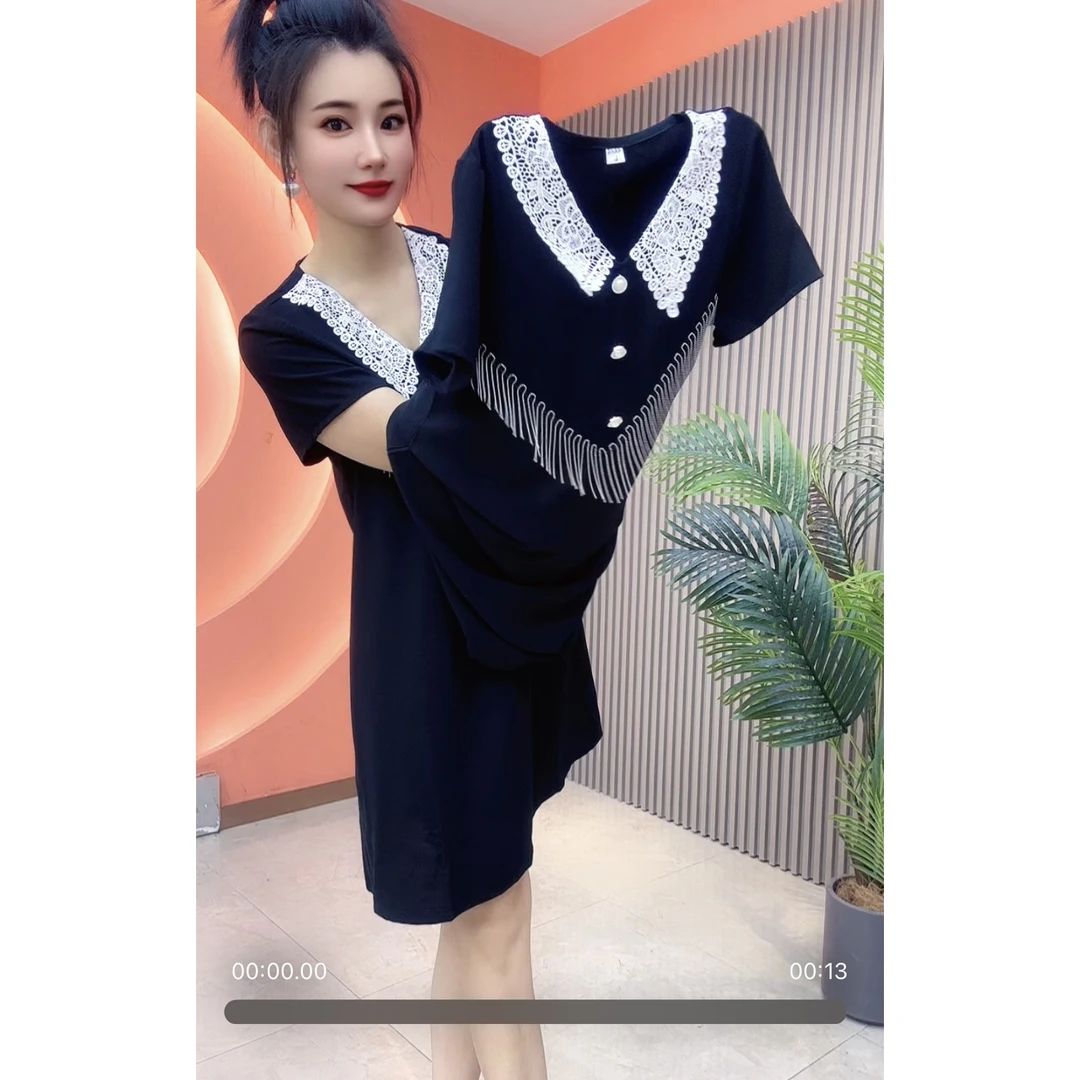 2125女士夏季短袖气质减龄娃娃领流苏设计连衣裙