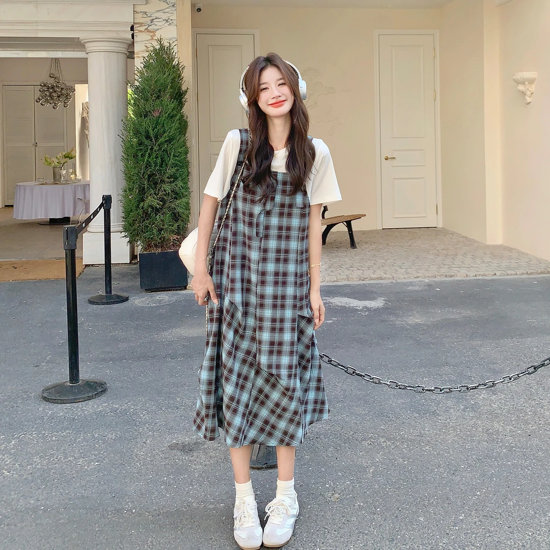 韩系甜酷风格纹假两件连衣裙女夏2025新款宽松遮肚显瘦减龄a字裙