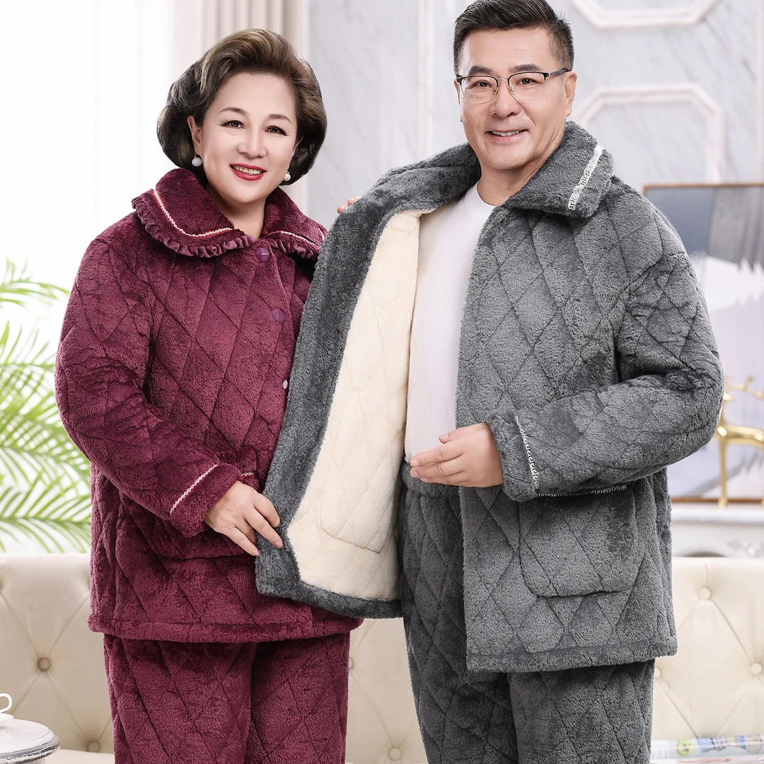 中老年人男款珊瑚绒保暖睡衣女士三层夹棉袄加厚爸爸妈妈冬季加绒