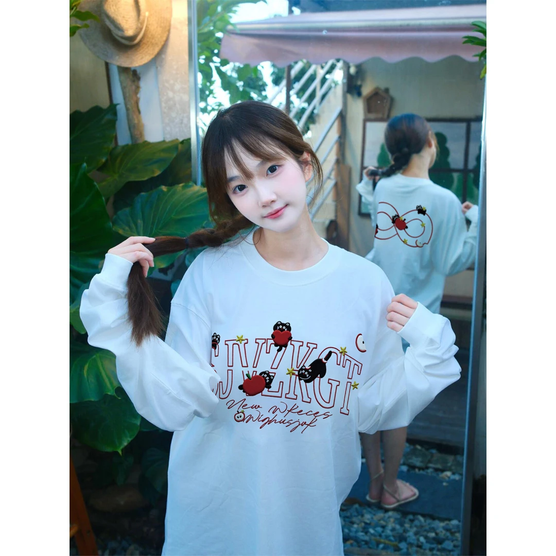 纯棉刺绣长袖T恤女2025新款美式复古潮牌圆领宽松休闲慵懒风上衣