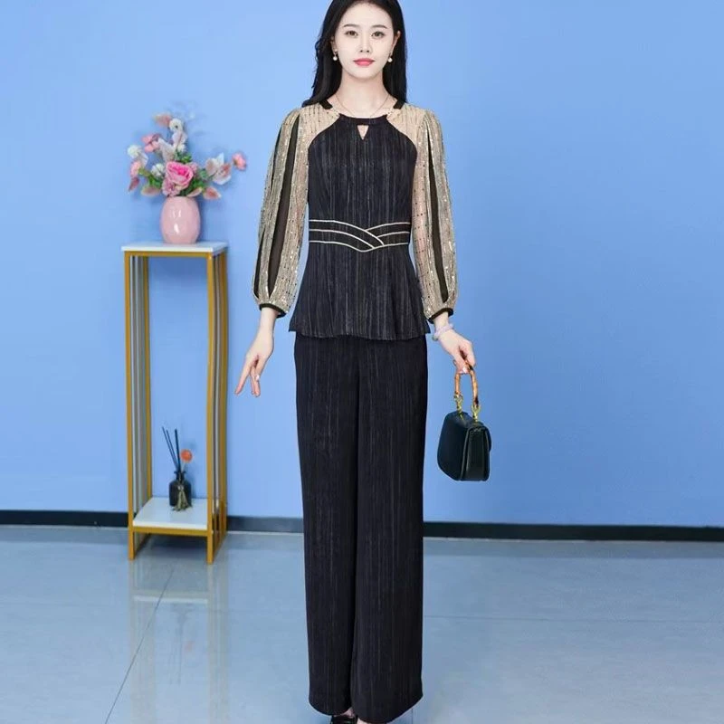 春夏新款妈妈高档金丝缎上衣裤子两件套时尚中老年女减龄显瘦套装