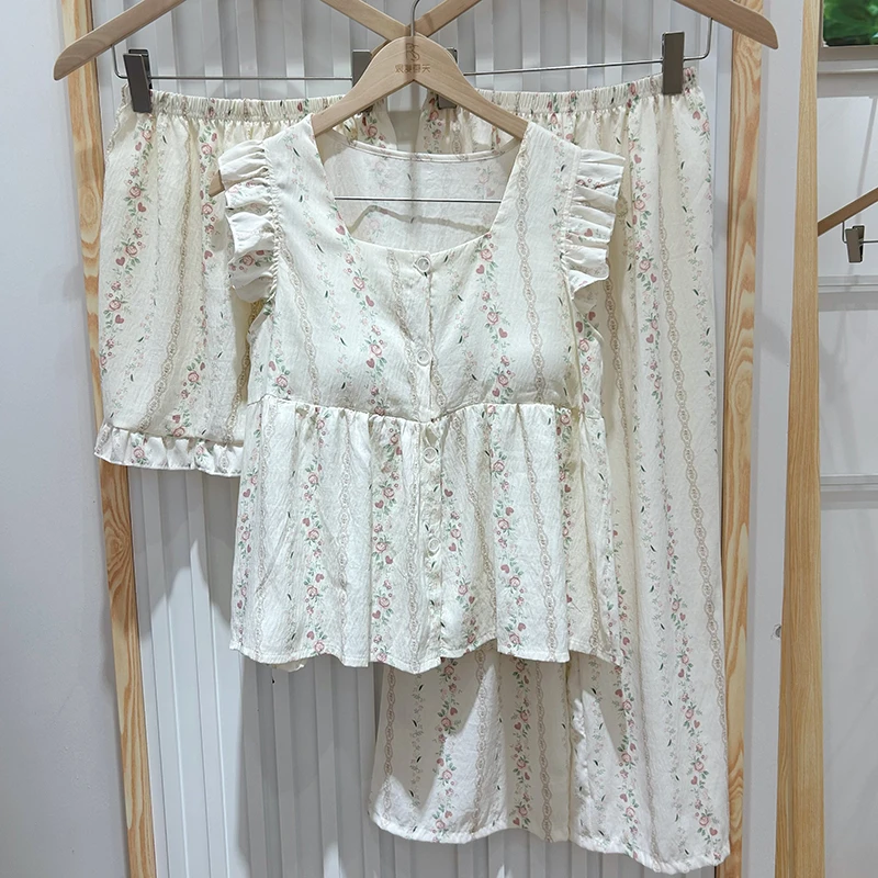 【海棠】带杯垫三件套碎花小飞袖女夏睡衣家居服小清新透气舒适2397