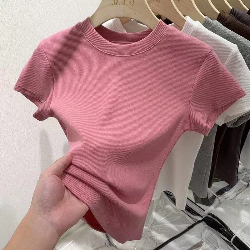 51-100 需在直播间实时下单 针织螺纹紧身显瘦纯色正肩T恤