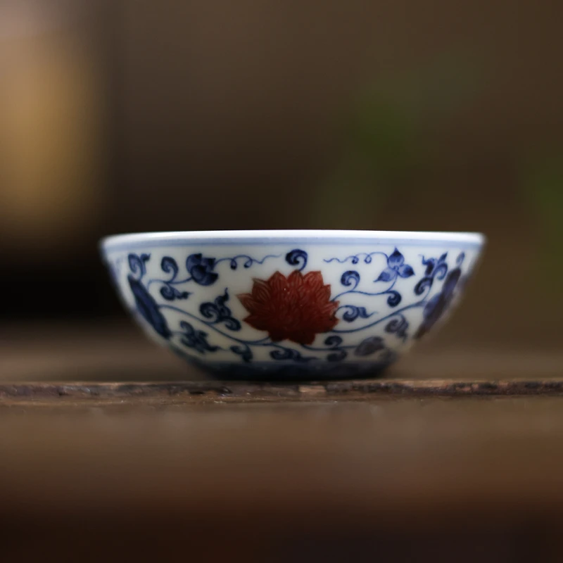 【见珊】青花釉里红荔枝缠枝莲小杯（屹朴0116）