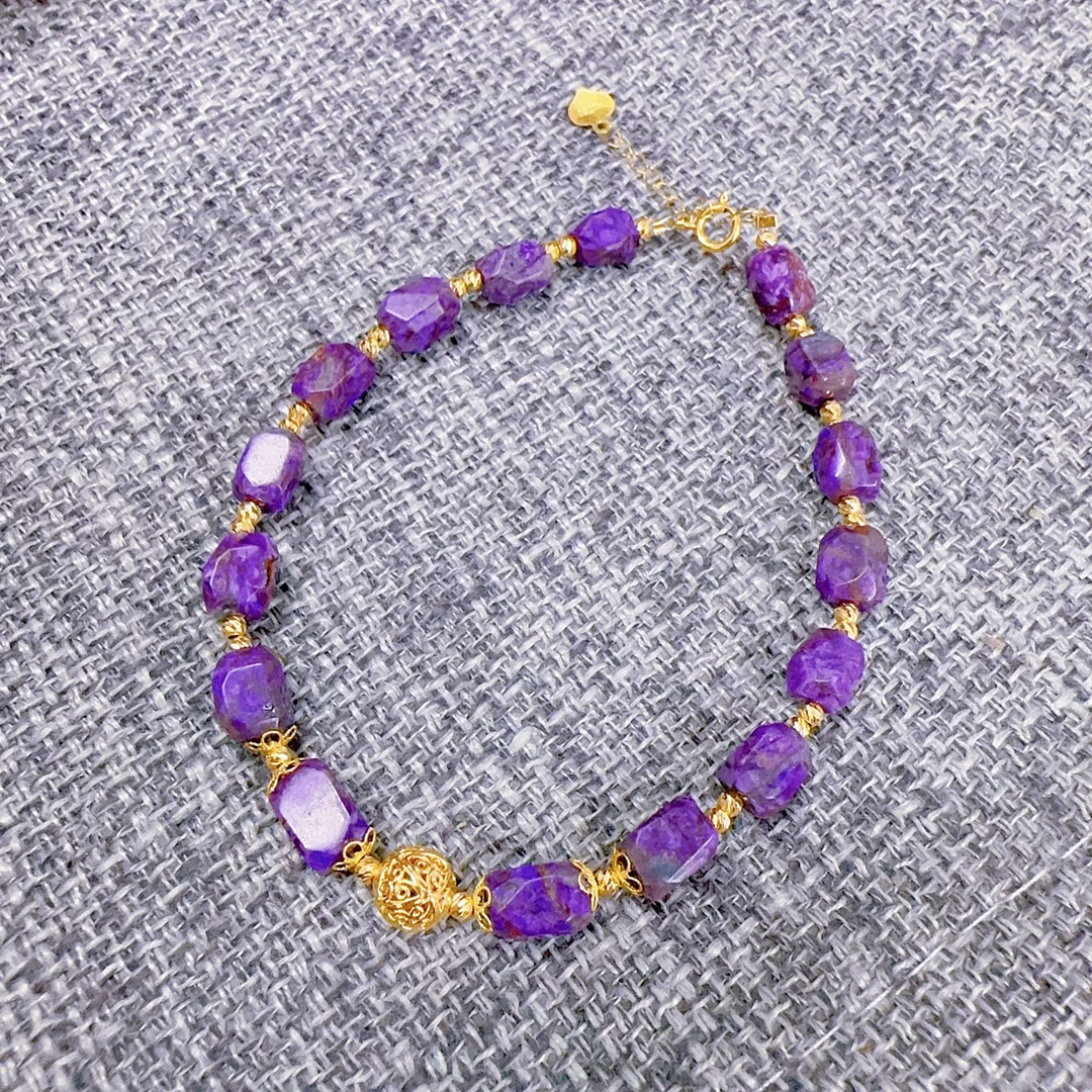 7179舒俱来帝王紫丝绒八棱珠金球18k金手链多样性发一