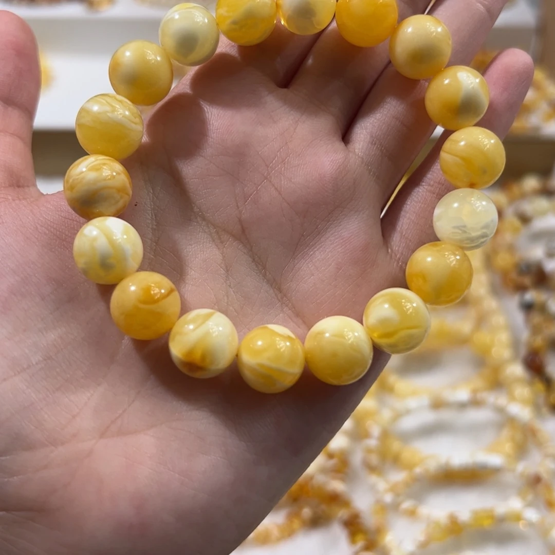 琥珀未镶嵌珠宝奇石浓蜡妖花圆珠手串