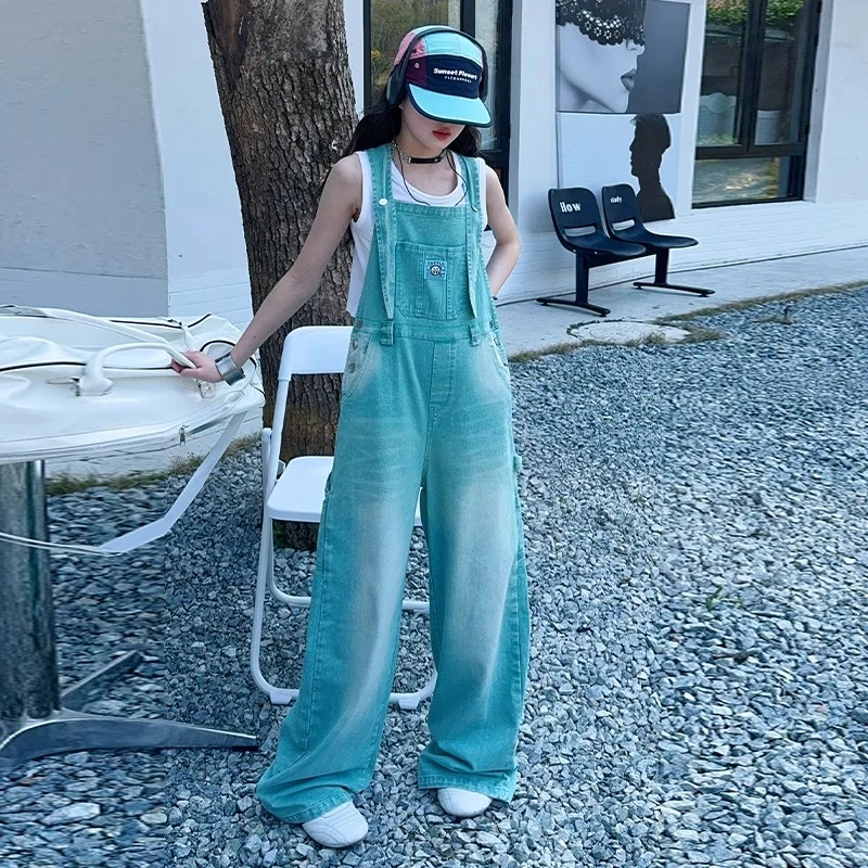 女童多巴胺牛仔背带裤2025春夏薄荷绿宽松休闲做旧复古直筒裤子潮