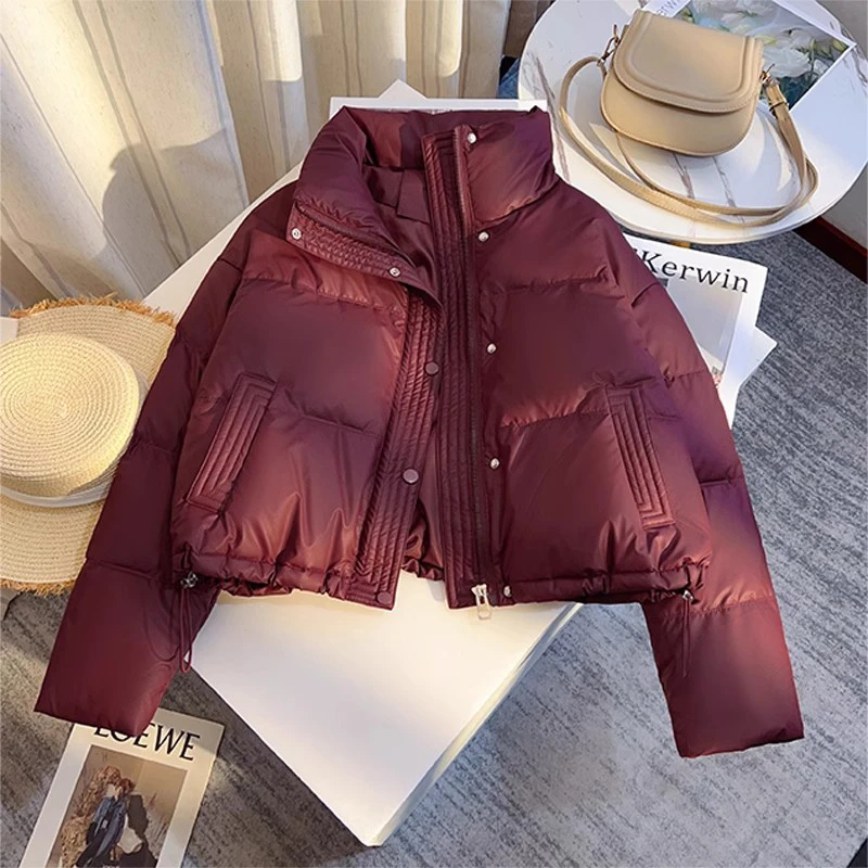 拉夏贝尔短款棉服外套女2024年冬季新款小个子棉衣PU皮面包服上衣
