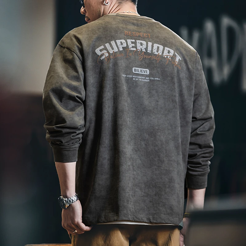 几何先生秋季新款蜡染水洗长袖t恤男士潮牌复古高端打底衫上衣男T
