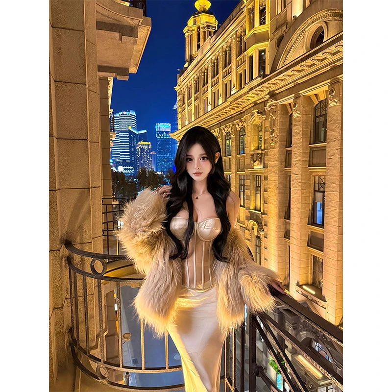 高级感毛毛外套纯欲辣妹鱼骨抹胸上衣网纱拼接胸衣长款半身裙套装