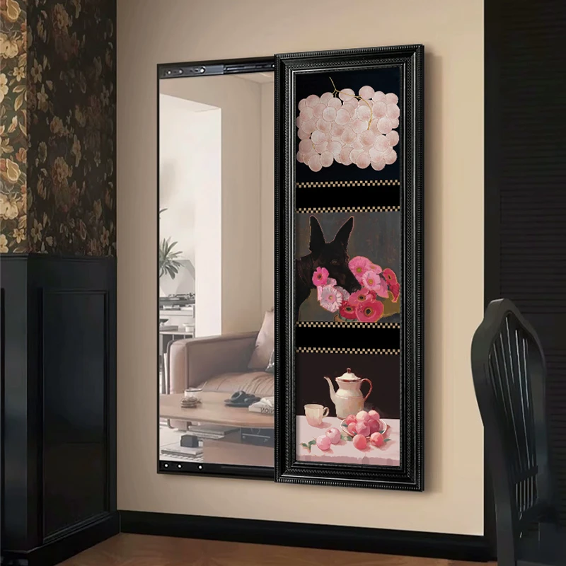美式复古可遮挡关闭全身镜玄关装饰画粉色艺术隐形穿衣镜卧室壁画