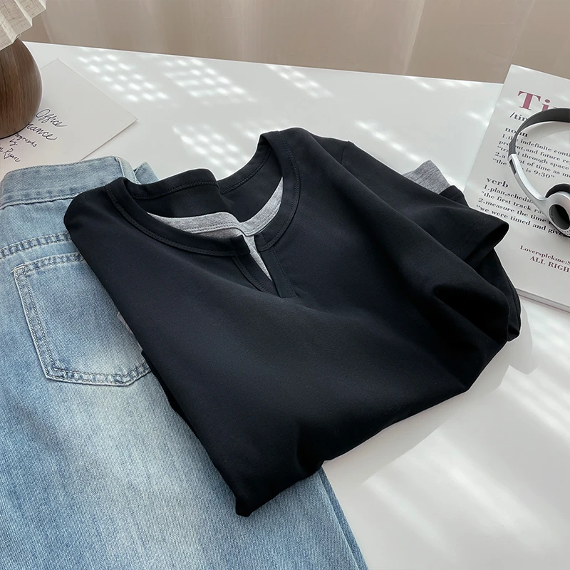 假两件拼接短袖T恤衫2025年夏季宽松休闲百搭上衣服时尚小众女装